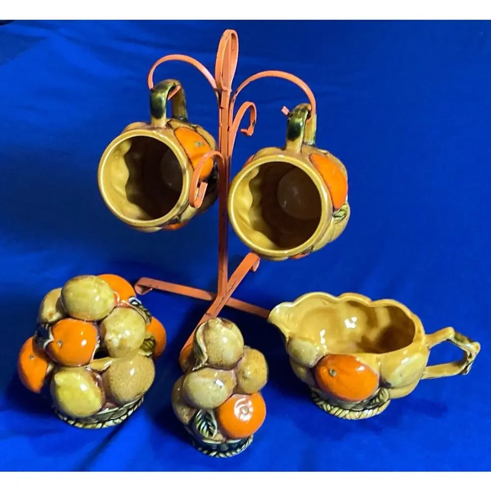 VTG Tea Set Orange Spice by INARCO Tea Cups (2) Lidded Sugar Bowl Creamer -Stand