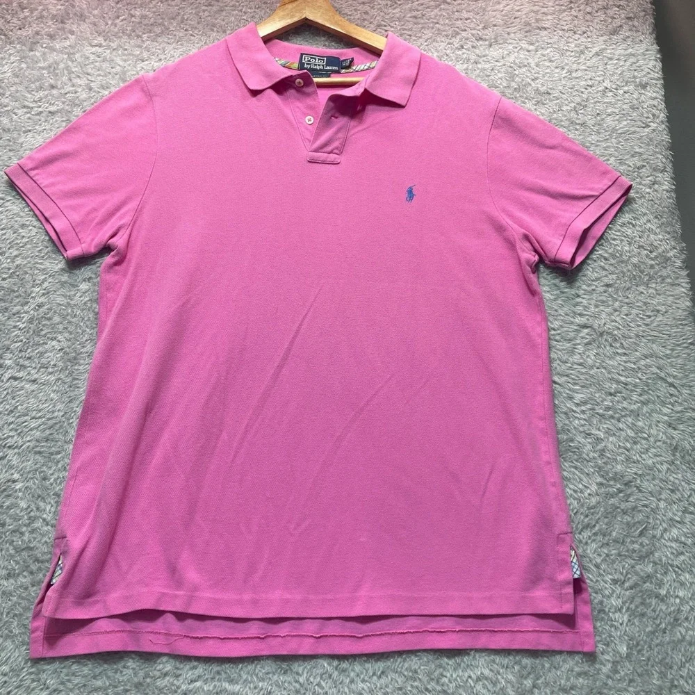 Polo Ralph Lauren Mens XL Pink Custom Fit Short Sleeve Pique Polo Blue Pony Logo