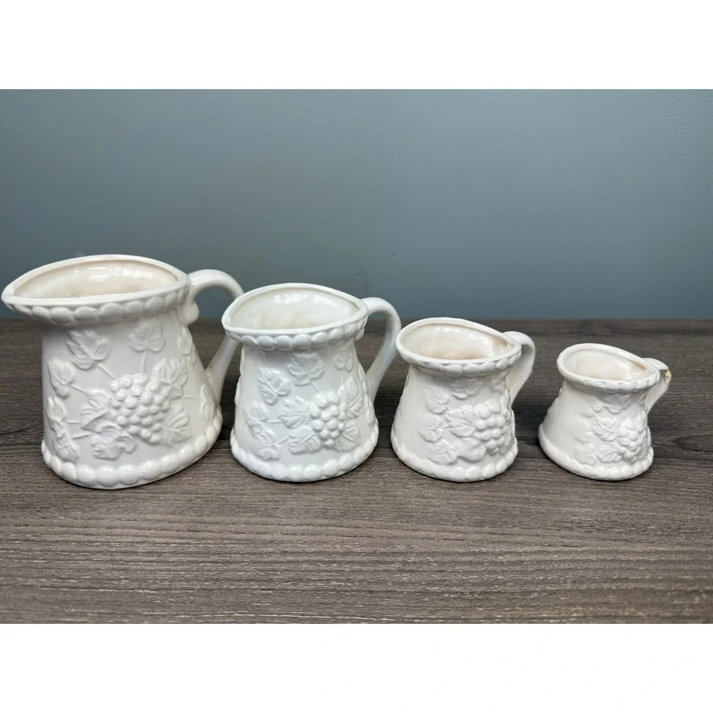 White Ceramic Grape Embossed Measuring Pitcher Set 4 Piece Farmhouse Kitchen