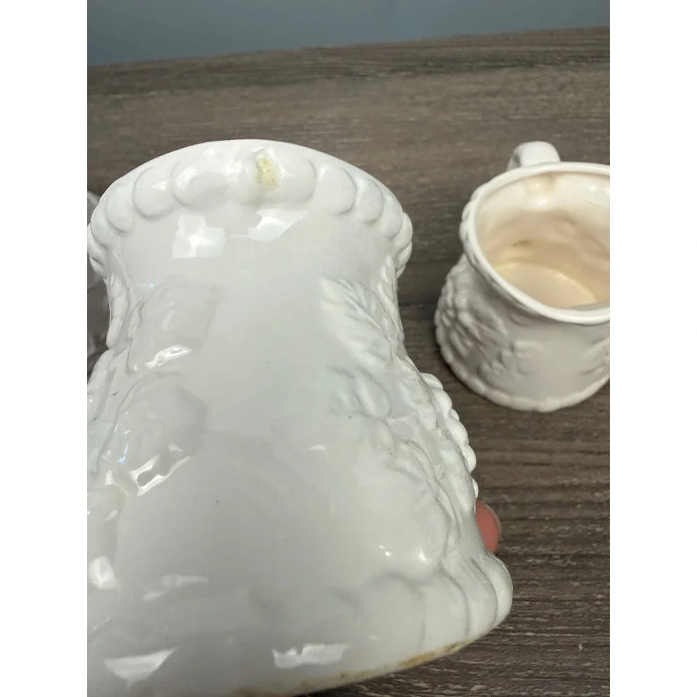 White Ceramic Grape Embossed Measuring Pitcher Set 4 Piece Farmhouse Kitchen