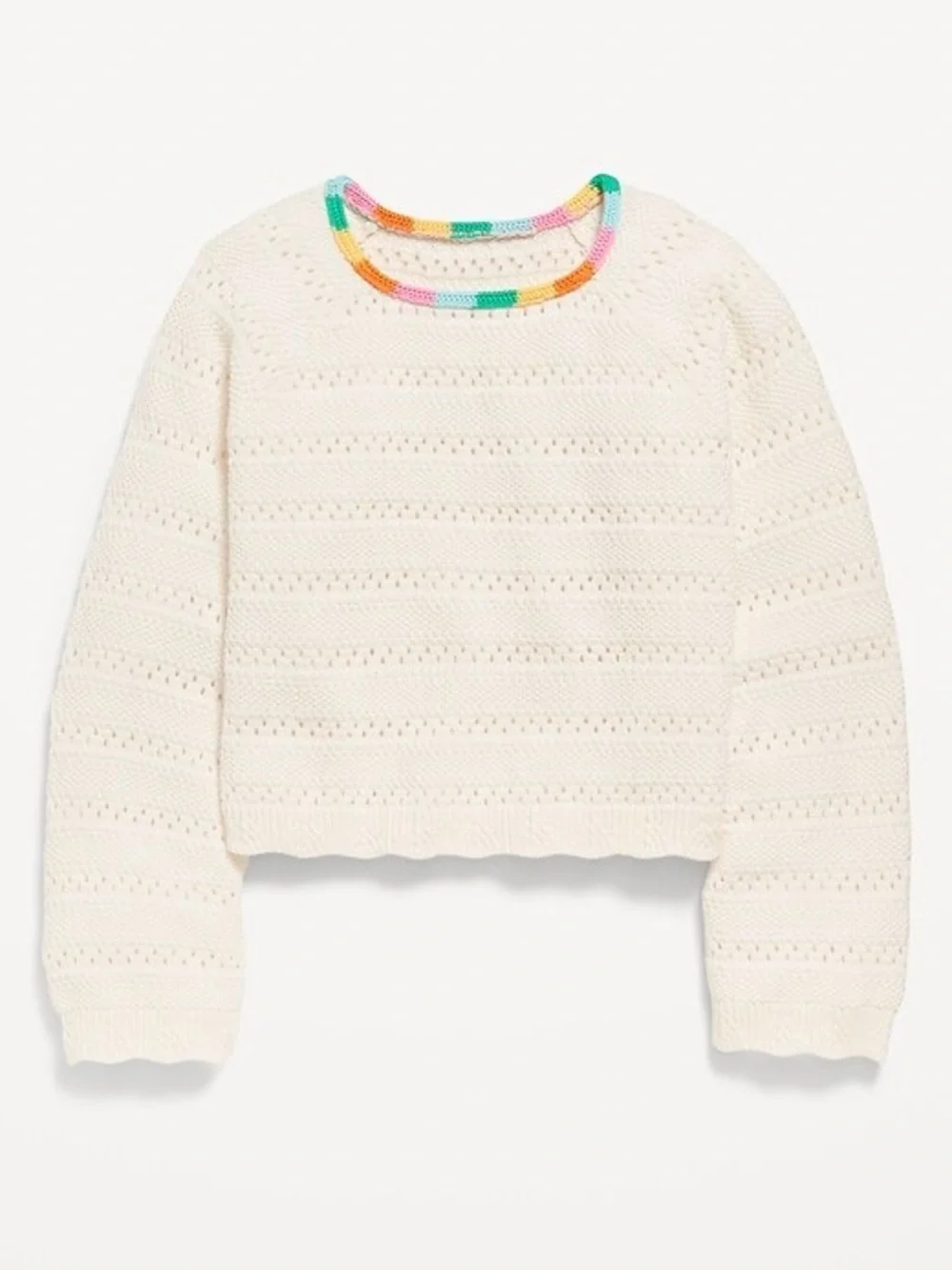 Old Navy cotton crochet pullover sweater with multi color trim