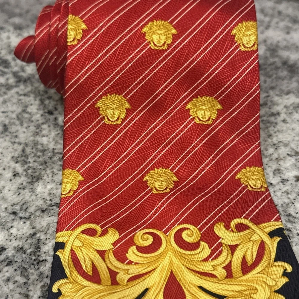 Vintage 90s Gianni Versace Spain Made Motif Red & Yellow Navy Silk Tie Saks Rare