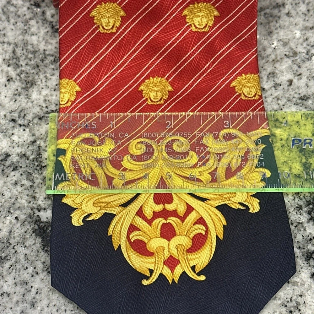 Vintage 90s Gianni Versace Spain Made Motif Red & Yellow Navy Silk Tie Saks Rare