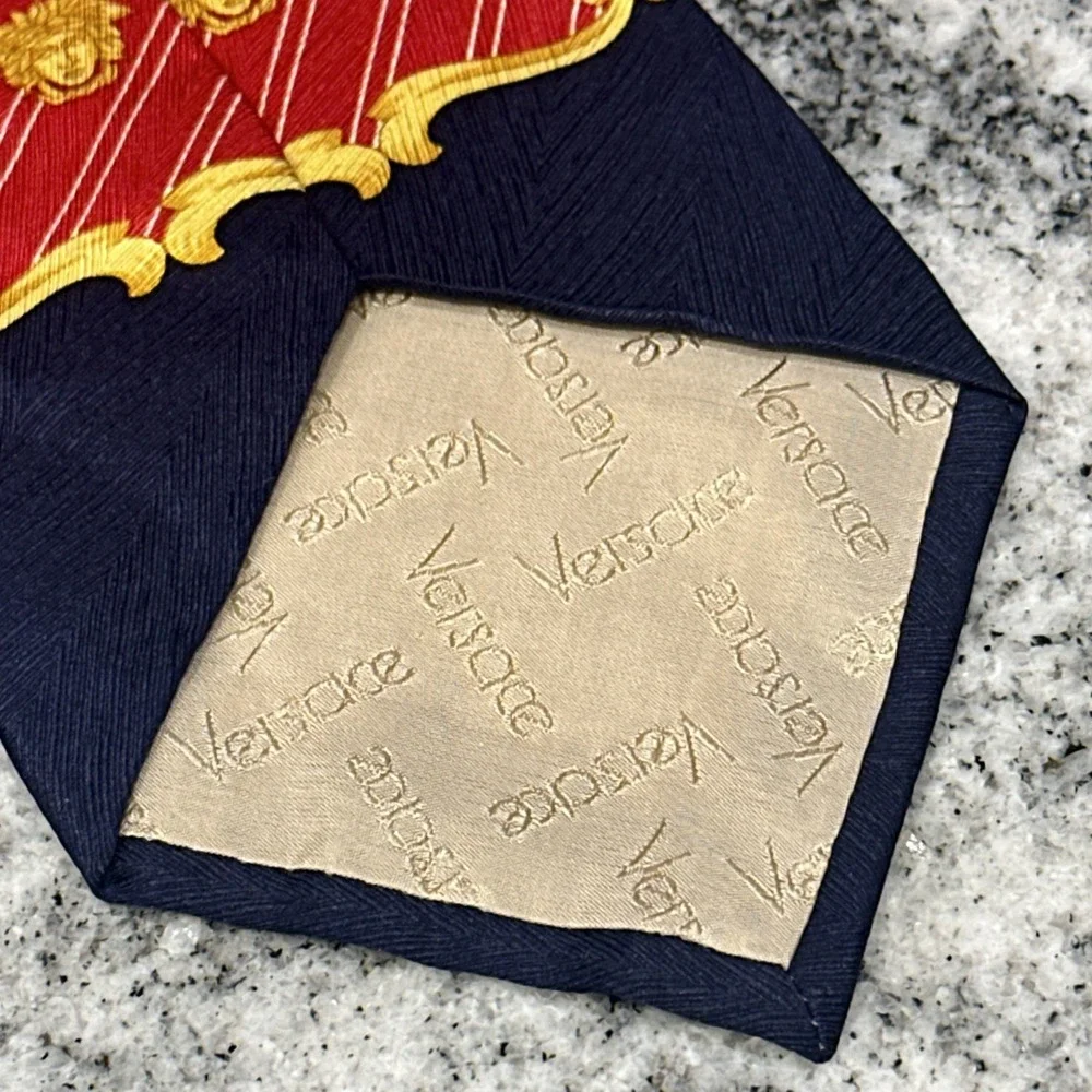 Vintage 90s Gianni Versace Spain Made Motif Red & Yellow Navy Silk Tie Saks Rare