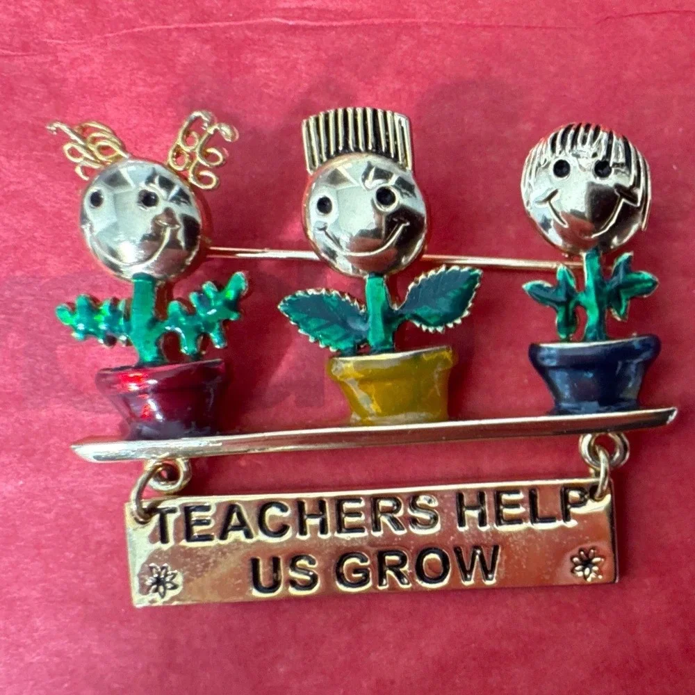Danecraft Brooch Gold Teachers Help Us Grow Flower Pot Enamel Vintage Gift