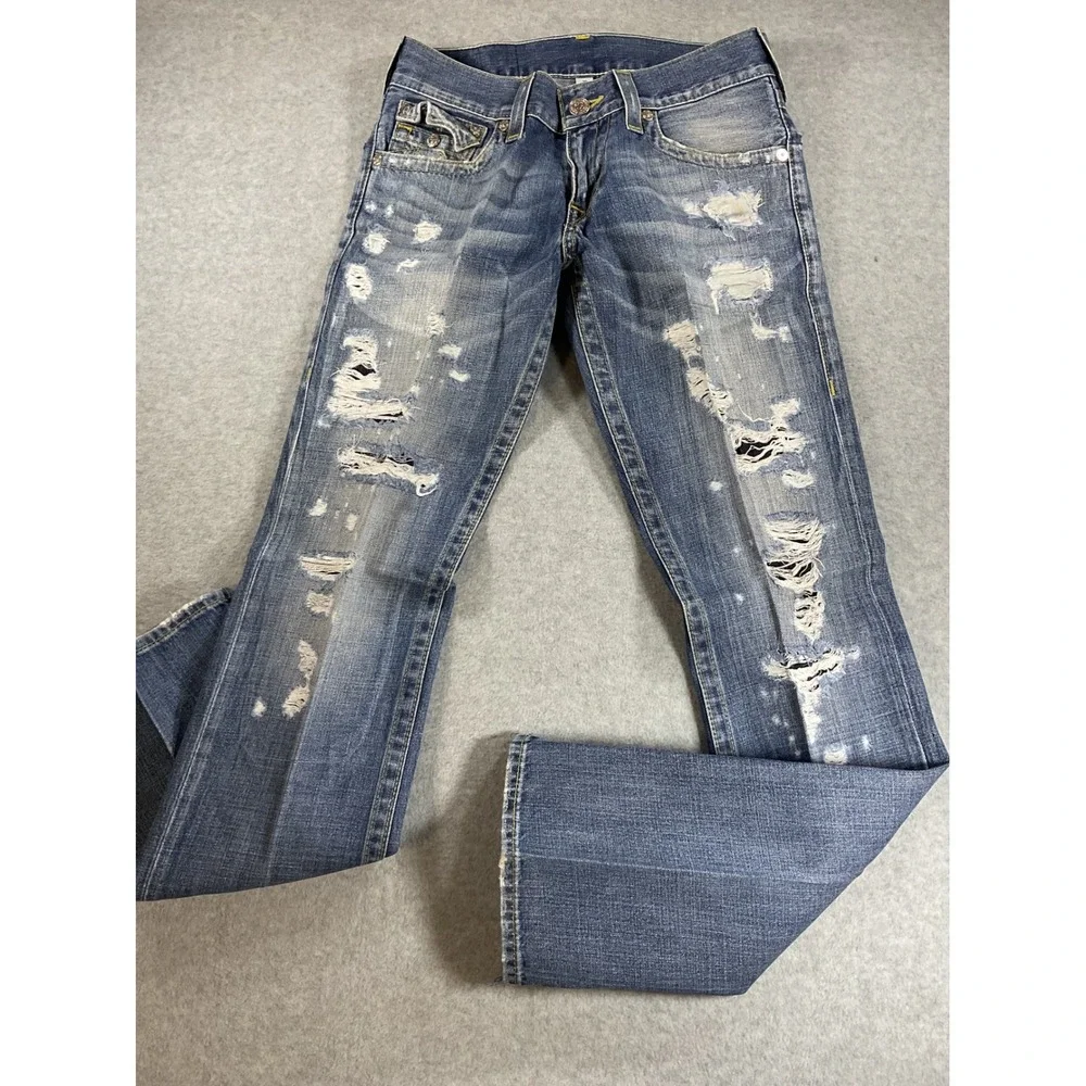True Religion Mens Straight Distressed Ripped Blue Denim Jeans Size 29 P57