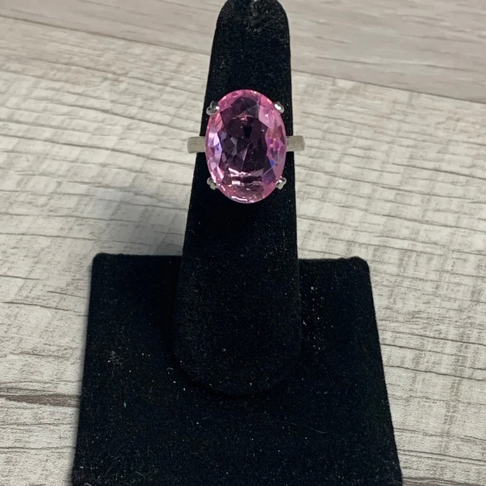 Vintage Pink Oval Cocktail Ring Silver Tone Statement Jewelry Size 6.25