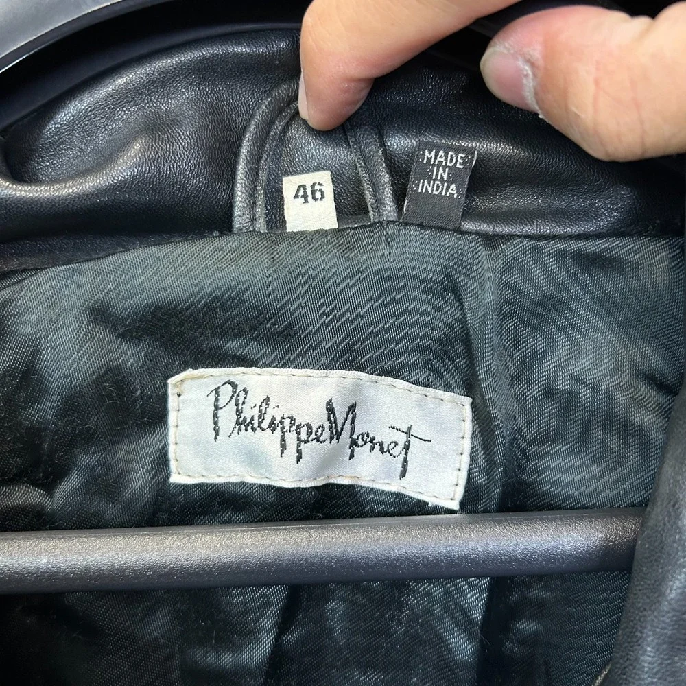 VTG Philippe Monet Leather Bomber Jacket Men Black Funnel Neck Full Zip - 46