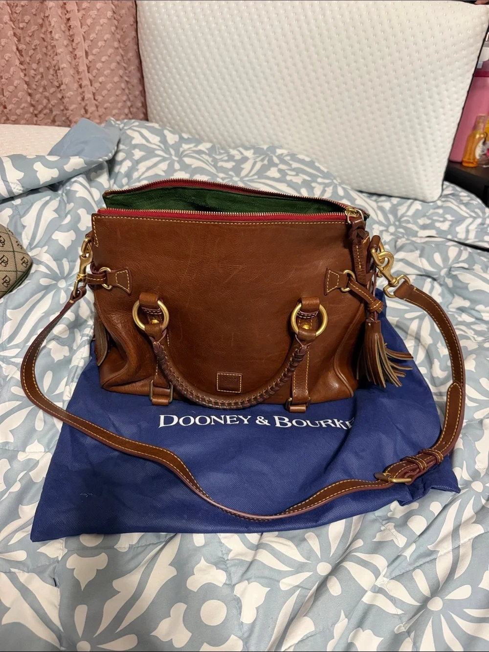 Dooney & Bourke Brown Leather Shoulder Bag with Tassel & Gold Hardware