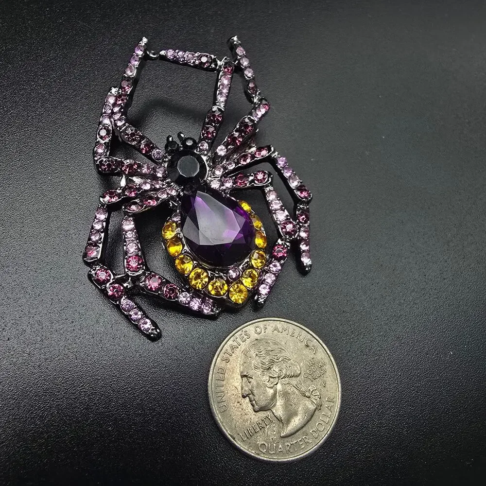 Purple Yellow Rhinestone Spider Brooch Gothic Costume Jewelry