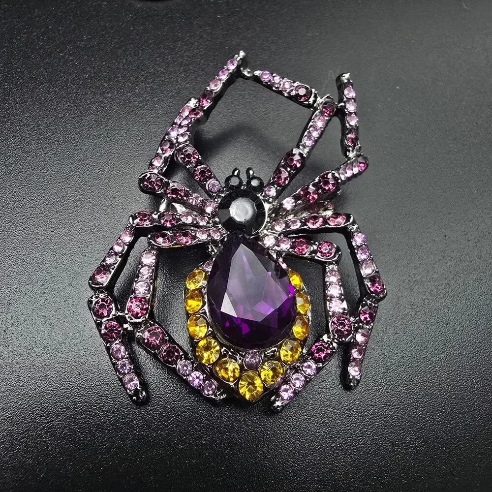 Purple Yellow Rhinestone Spider Brooch Gothic Costume Jewelry