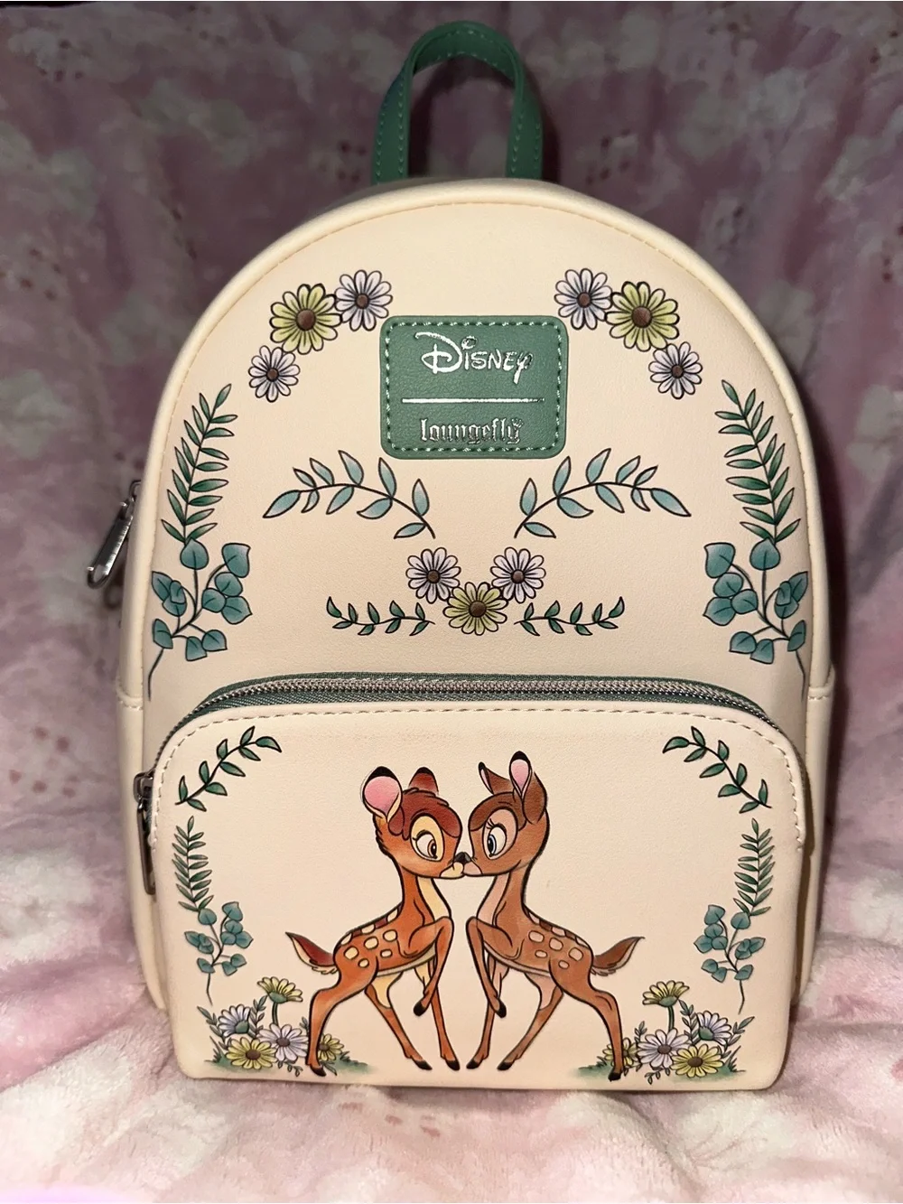 With Tags Disney Loungefly Mint Green and Cream “Bambi In Love” Mini Backpack