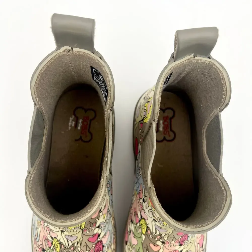 BOBS by Skechers Dog Print Rain Boots Womens 8 Ankle Chelsea Wellies Multicolor
