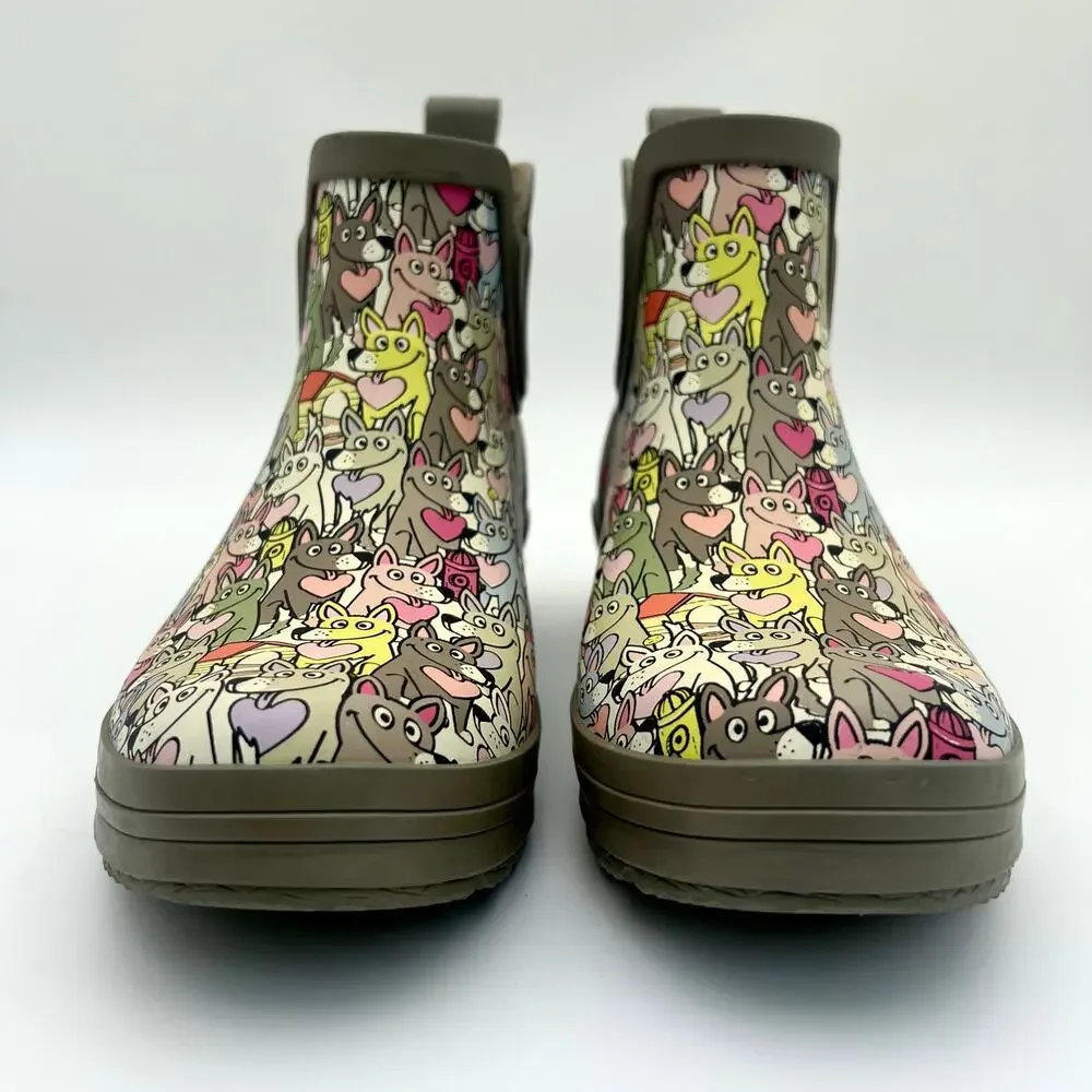BOBS by Skechers Dog Print Rain Boots Womens 8 Ankle Chelsea Wellies Multicolor