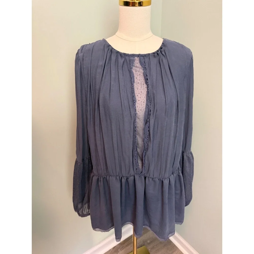 Free People Blue Grey Swiss Dot Lace Trim‎ Peplum Long Sleeve Blouse Top Boho