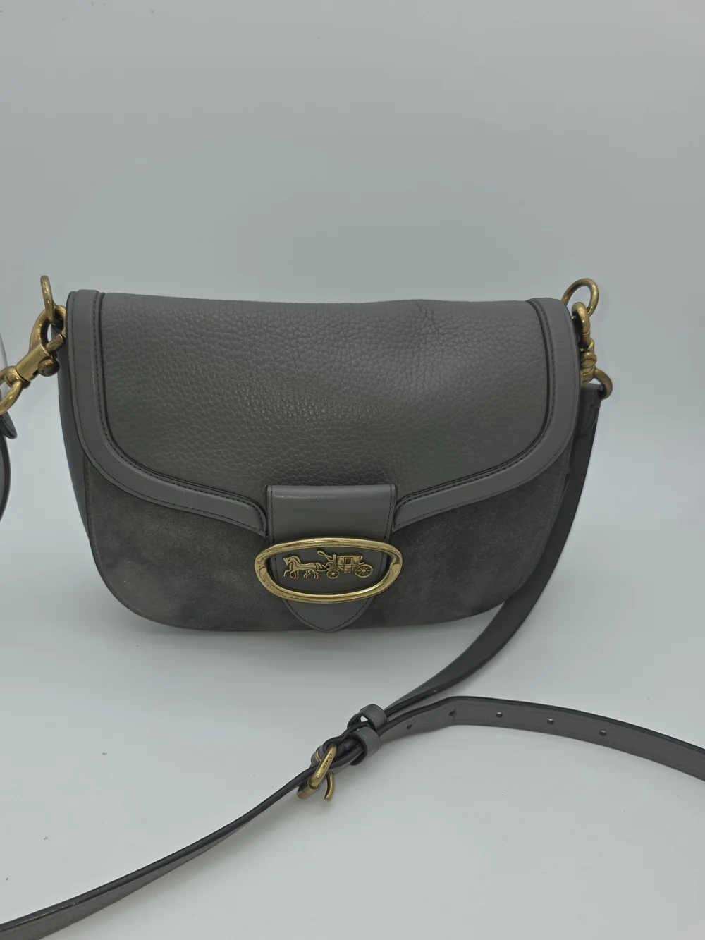 Leather & Suede Gray Crossbody Bag with Brass Logo Accent