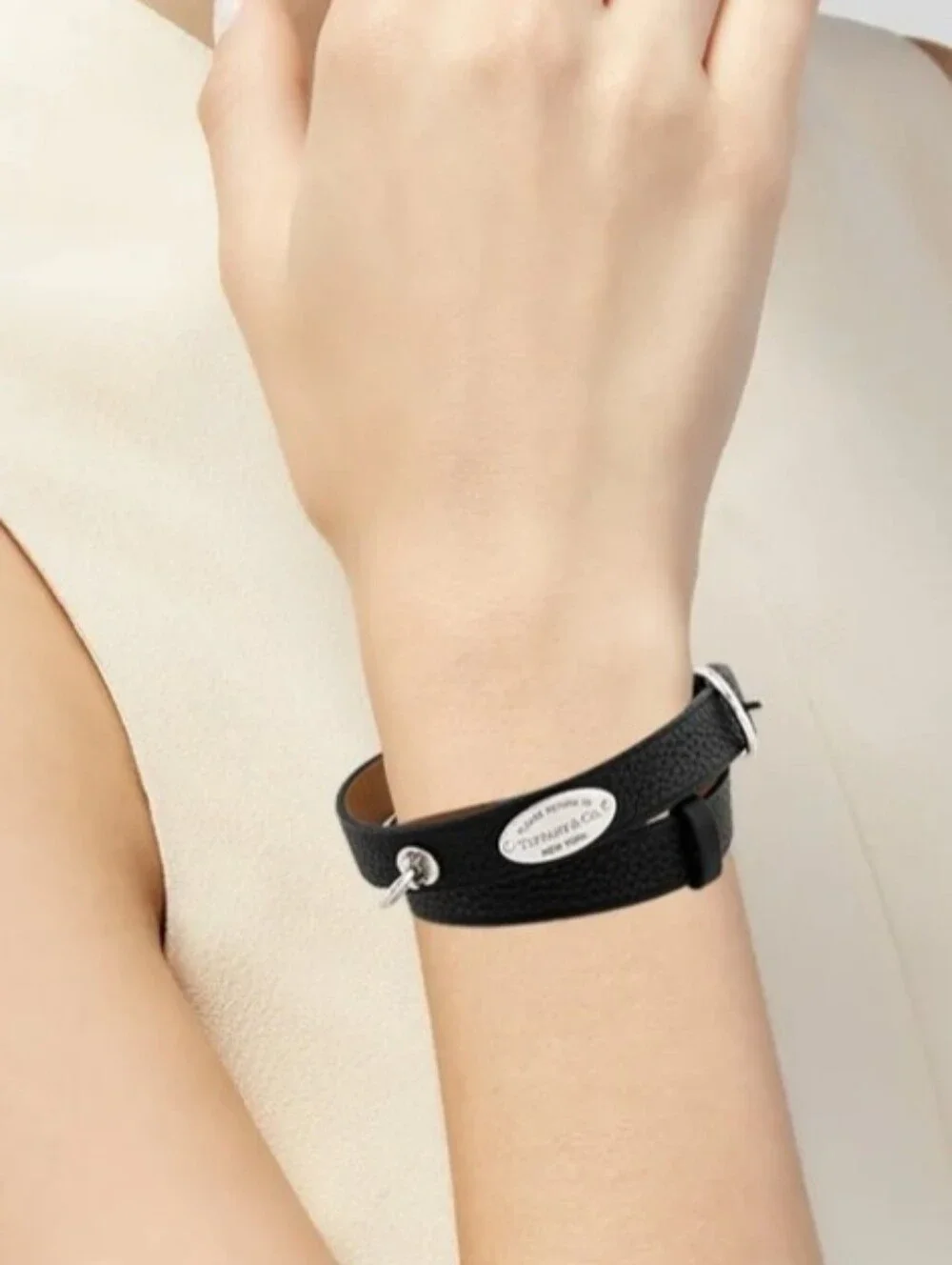Tiffany & Co. Black Leather Double Wrap Bracelet with Silver Plate