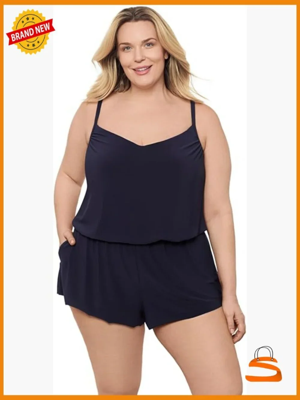 V-Neck Blouson Slimming Swim Romper with Pocket