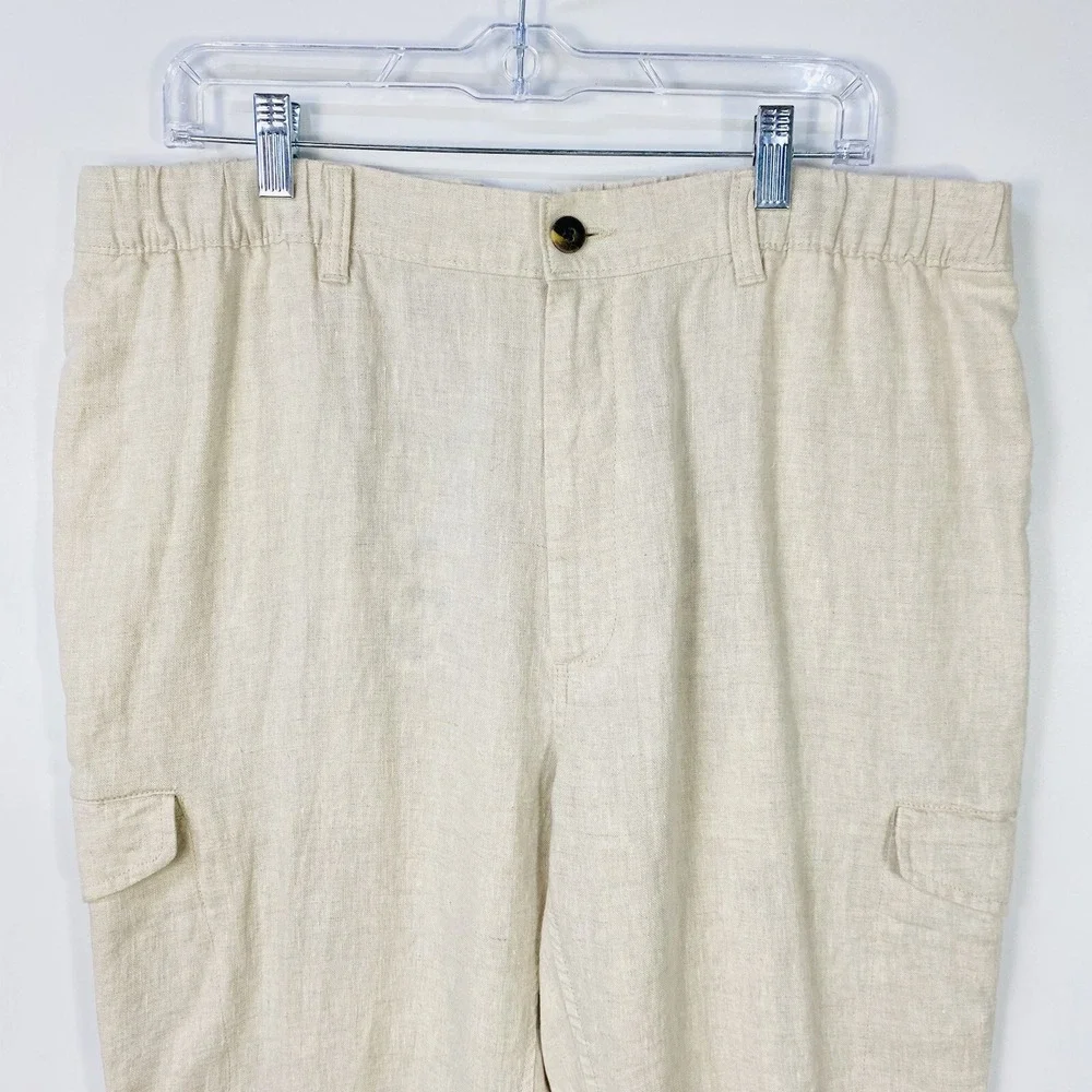 Caribbean Men's Linen‎ Cargo Pants Size 36x30 Tan Elastic Waist Neutral Coastal