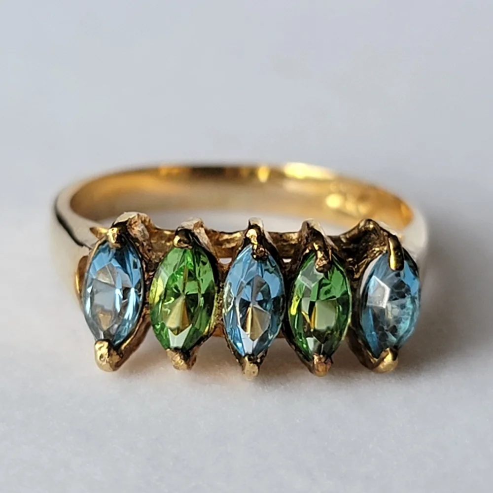Vintage DAC Peridot and Blue Topaz Simulated Gemstone Gold Plated Ring Size 7 ¾