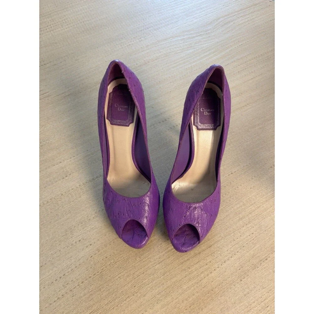 Christian Dior Purple Ostrich Leather Platform Peep Toe Stiletto Heels 6.5