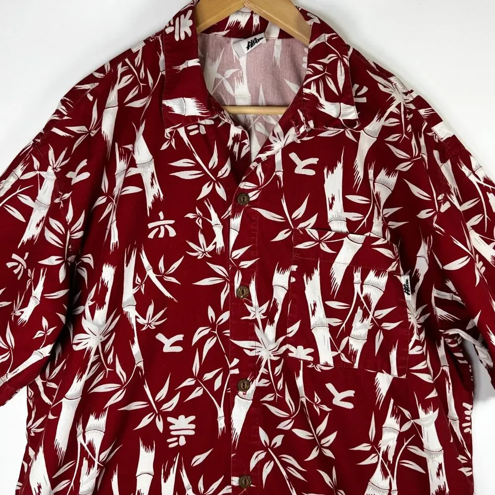 Vintage No Fear Mens Large Red White Bamboo Print Button Up Surf Aloha Skate Y2K