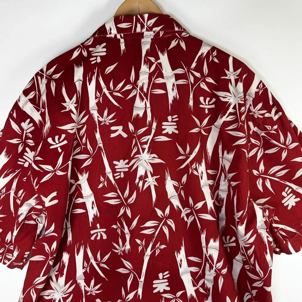 Vintage No Fear Mens Large Red White Bamboo Print Button Up Surf Aloha Skate Y2K