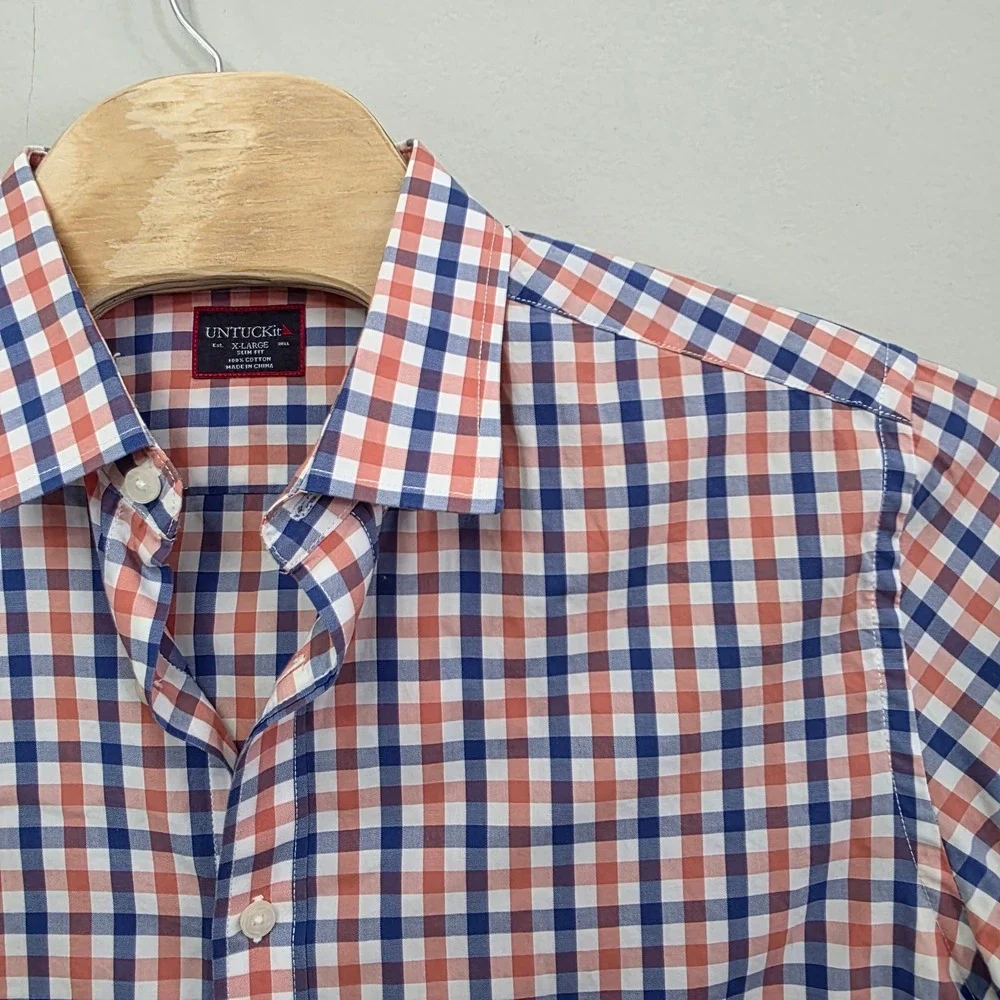 UNTUCKit Mens X Large‎ Slim Fit Button Shirt Orange Blue Gingham Plaid Cotton