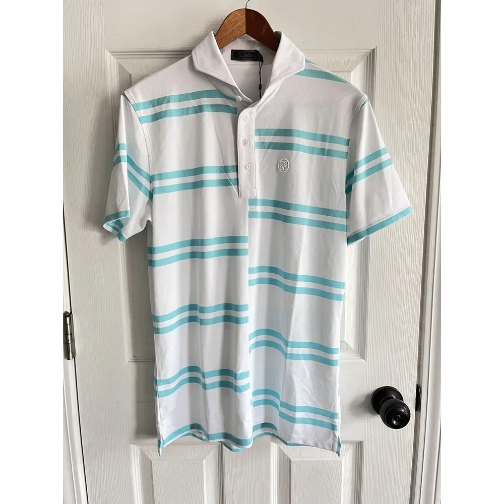New G Fore White with Green Striped Golf Polo Mens‎ S