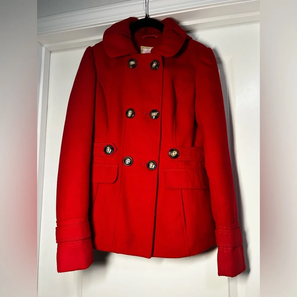 Pink Envelope Bold Red Pea‎ Coat w/ Hood