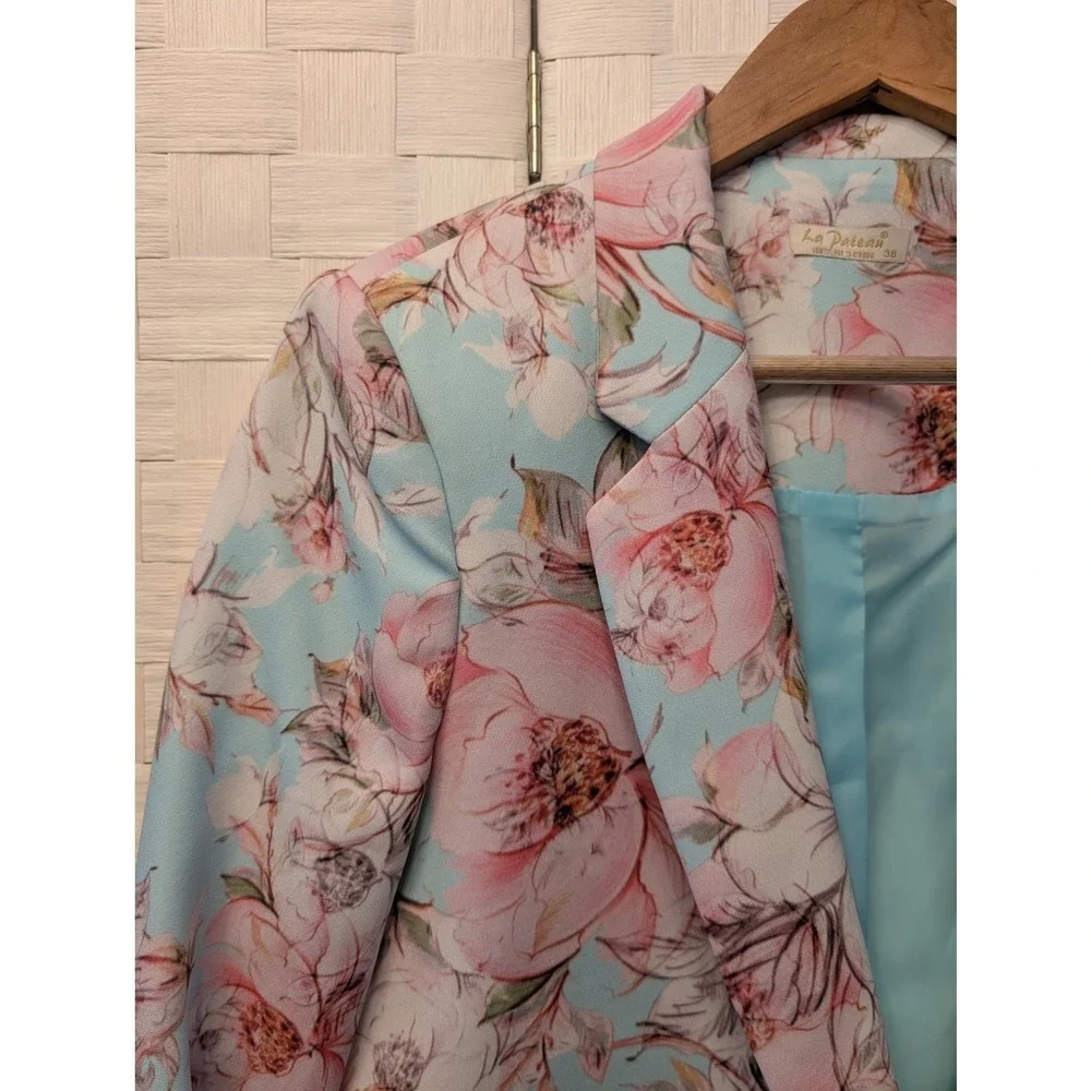 La Pateau Turquoise Pink Floral Ruched 3/4 Sleeve Single Button Blazer‎ Size 38