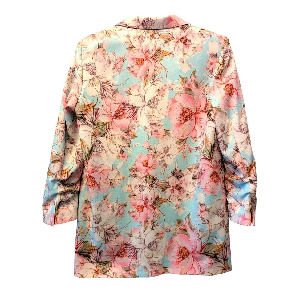 La Pateau Turquoise Pink Floral Ruched 3/4 Sleeve Single Button Blazer‎ Size 38