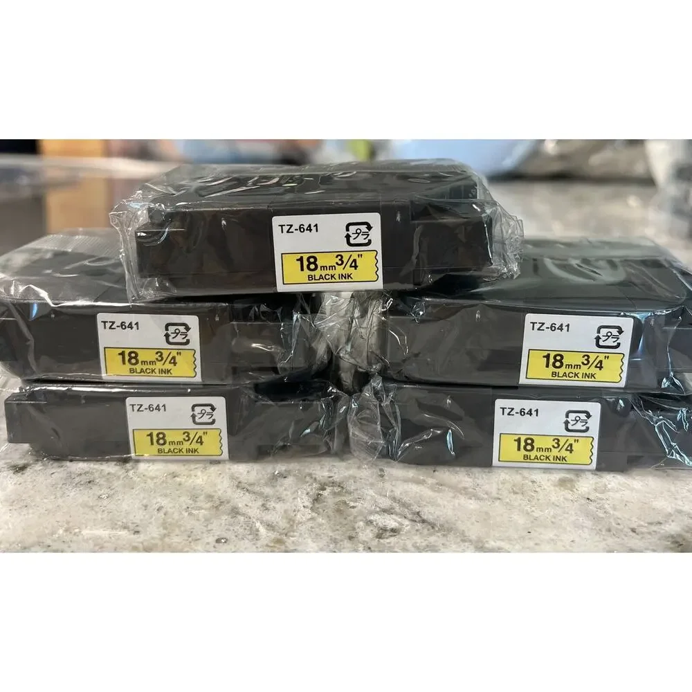 Lot Of 5 Brother P-Touch Tape Cassette TZ-641 Black‎ Print on Yellow 3/4”, 18mm