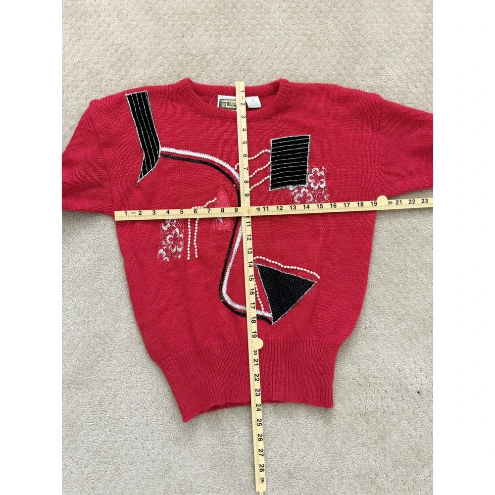 GLITZ by UNIT (Vtg)Red Knit Abstract Sequin 80s Geometric Beads‎ Sweater-MEDIUM