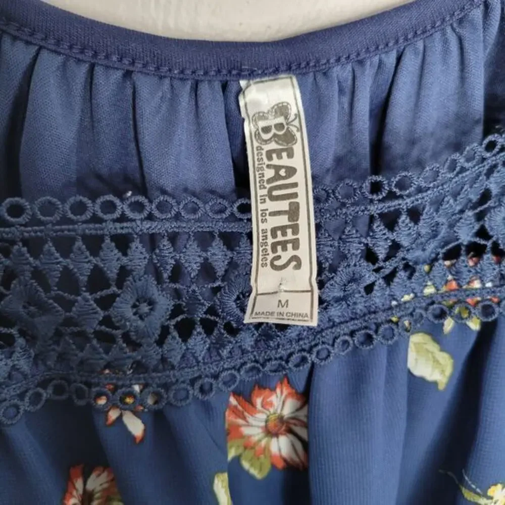 Beautees Top Girls Size Medium Tie Front Sheer Lace Trim‎ Floral Blue Batwing