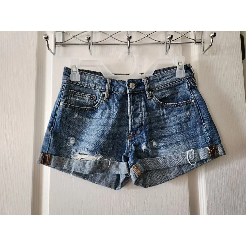Pacsun Women's Distressed Girlfriend Shorts  Blue Denim‎ Cotton Size 23