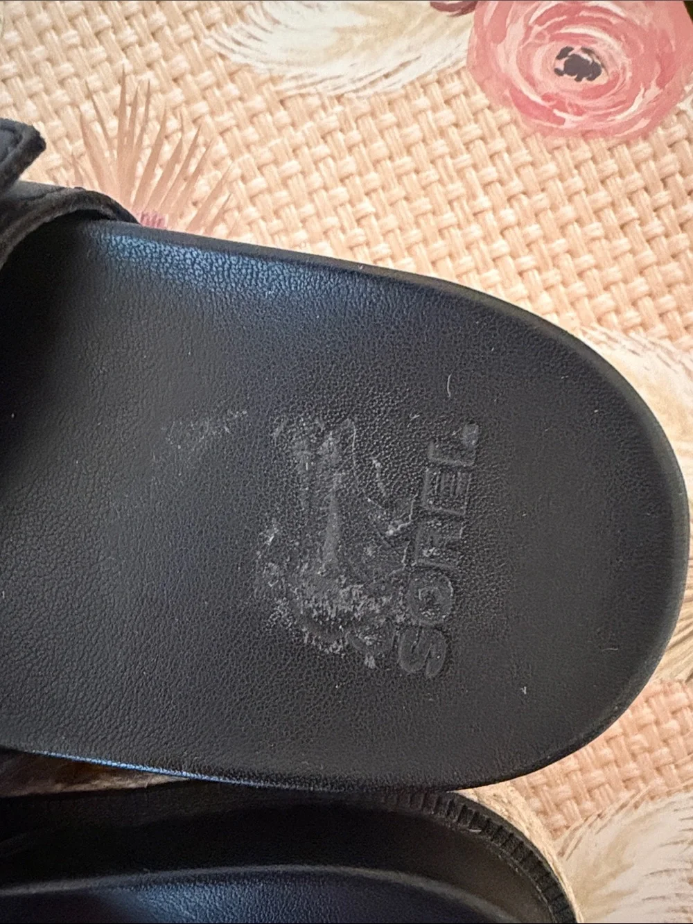 Sorel Black Leather Double-Strap Slide Sandals with Brass Buckles