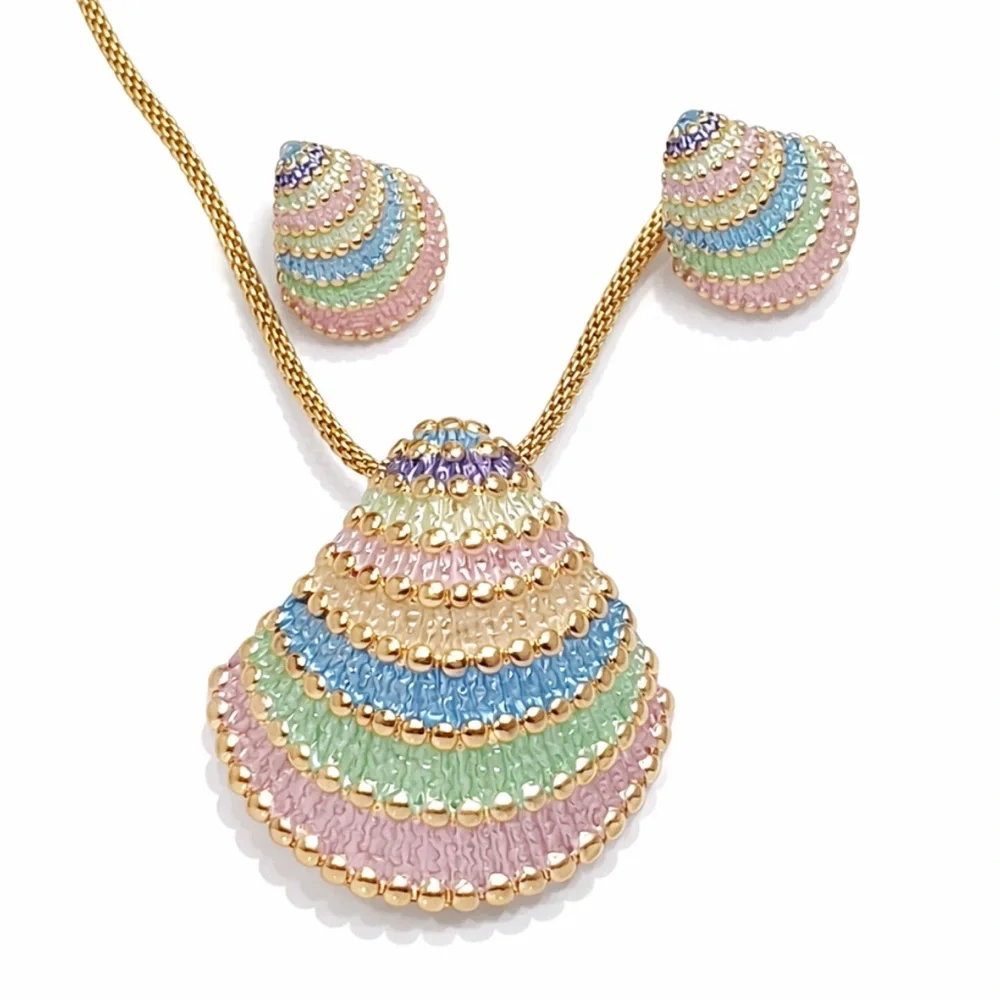 Necklace and Earring Set, Multicolor Pastel Shell Pendant and earrings