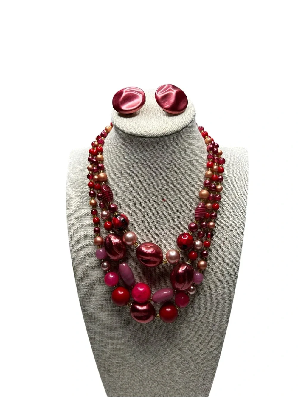 Vintage Made in Japan 3-Strand Bead Necklace Clip Earrings Set Pink