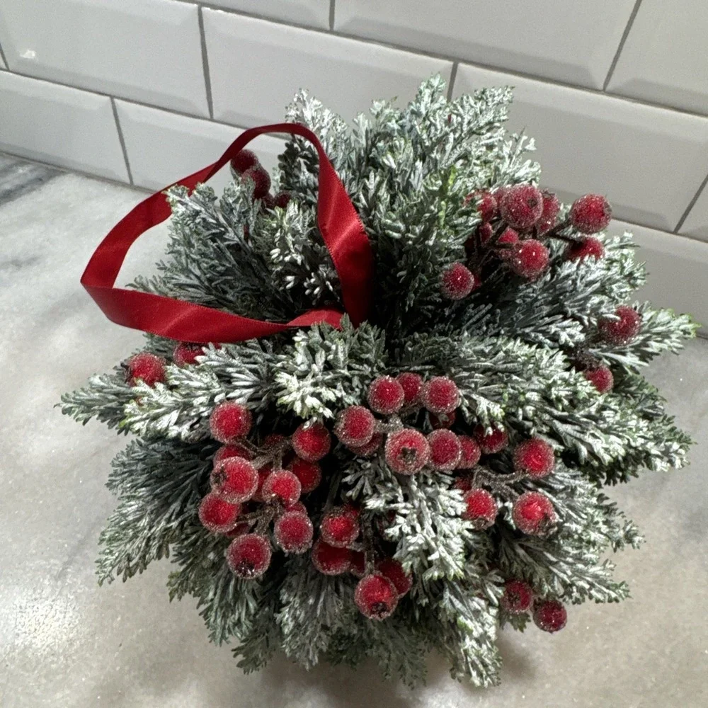 Martha Stewart HANGING TOPIARY KISSING PLANT BALL Winter Fern PIP Berries 8