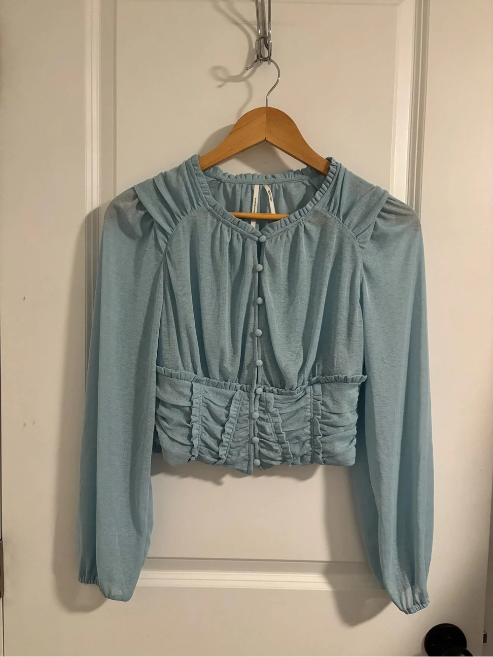 ANTHROPOLOGIE Long-Sleeve Femme Ruched Cropped Top Blue Mesh Small