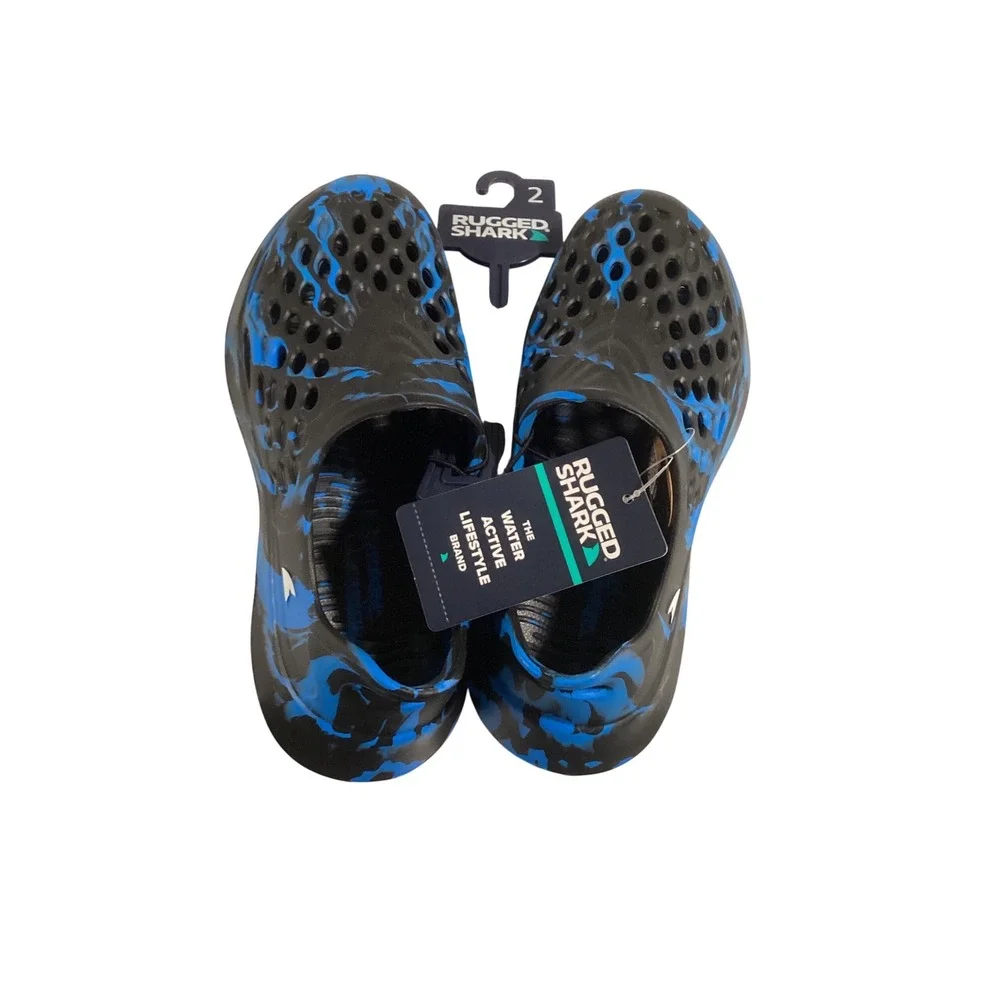 Rugged Shark Kids Water‎ Shoes Black Blue Camo Slip On Clogs Size 2 NEW