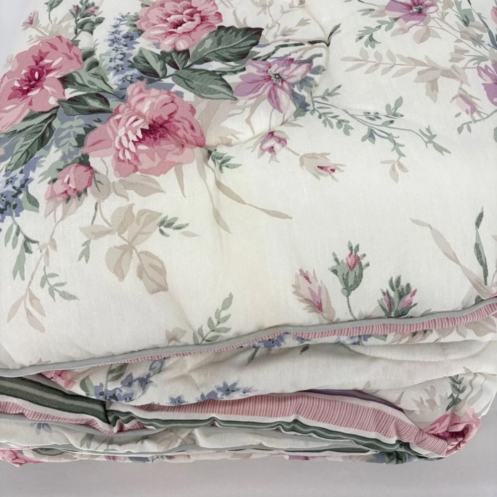 Vintage Bibb Co Charlotte II Floral Stripe Reversible Queen Comforter Pink Green