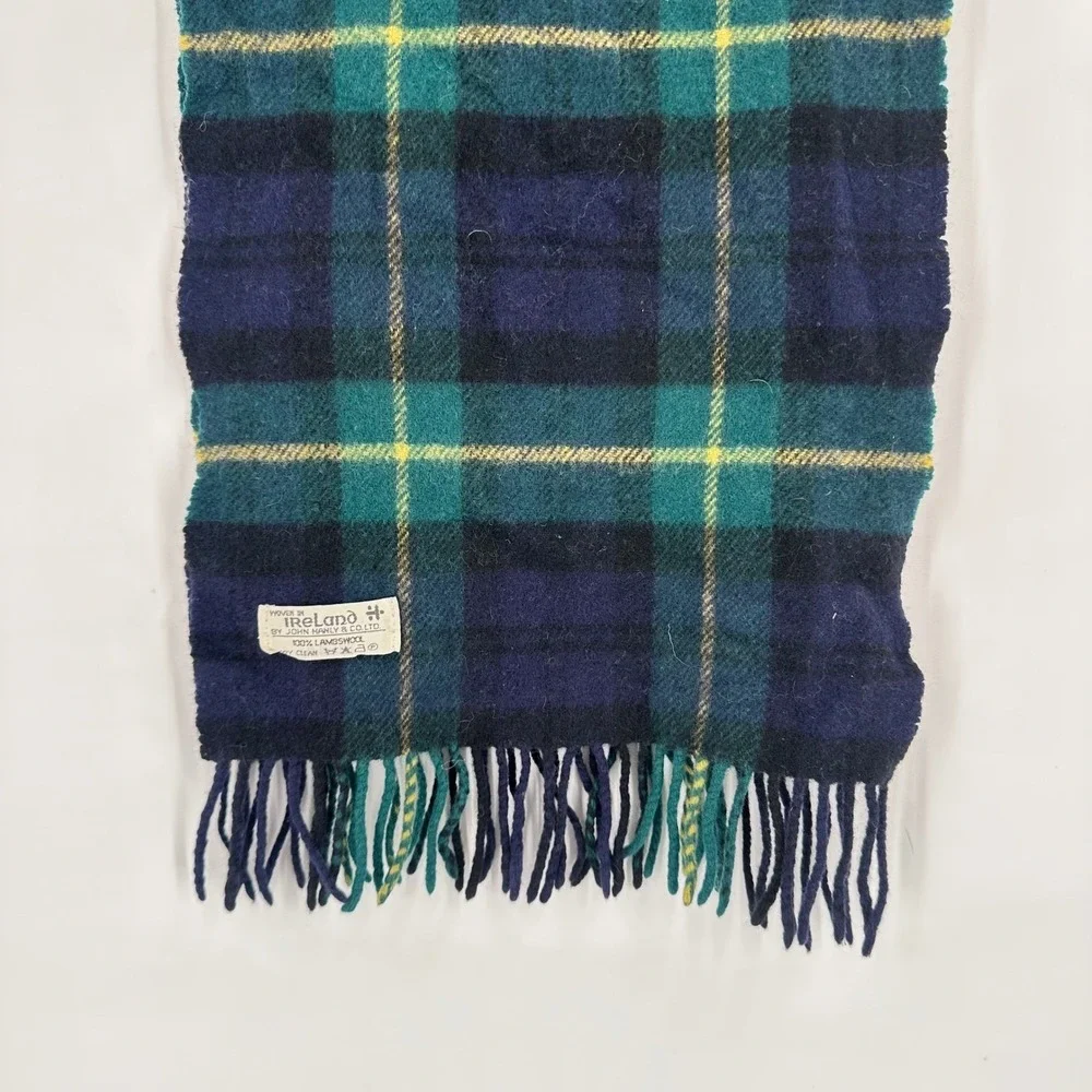 Vintage Ireland lambswool Winter Scarf Tartan Plaid Blue Green Yellow‎ Men