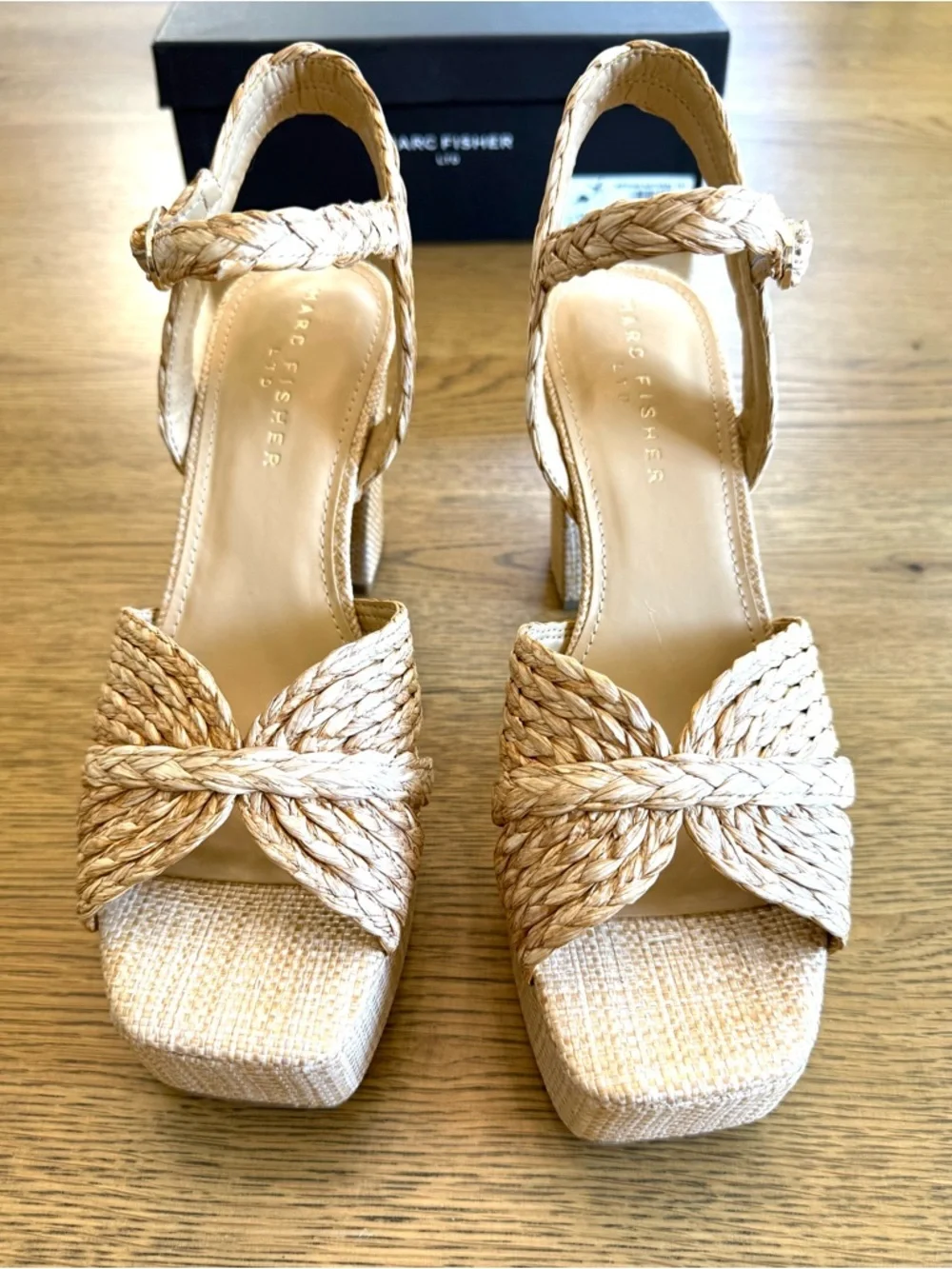 Marc Fisher Chela Platform Block Heel Sandals Raffia Ankle Strap Size 10 NIB