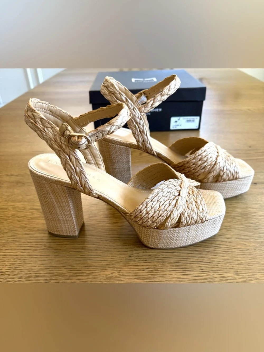 Marc Fisher Chela Platform Block Heel Sandals Raffia Ankle Strap Size 10 NIB