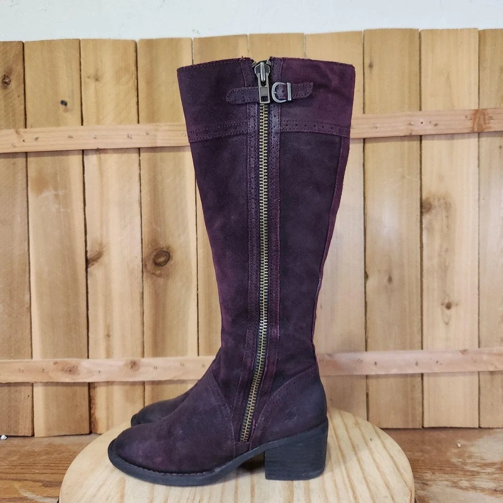 Born Poly Riding Boots Womens 5.5 Plum Purple Suede Knee High Side Zip