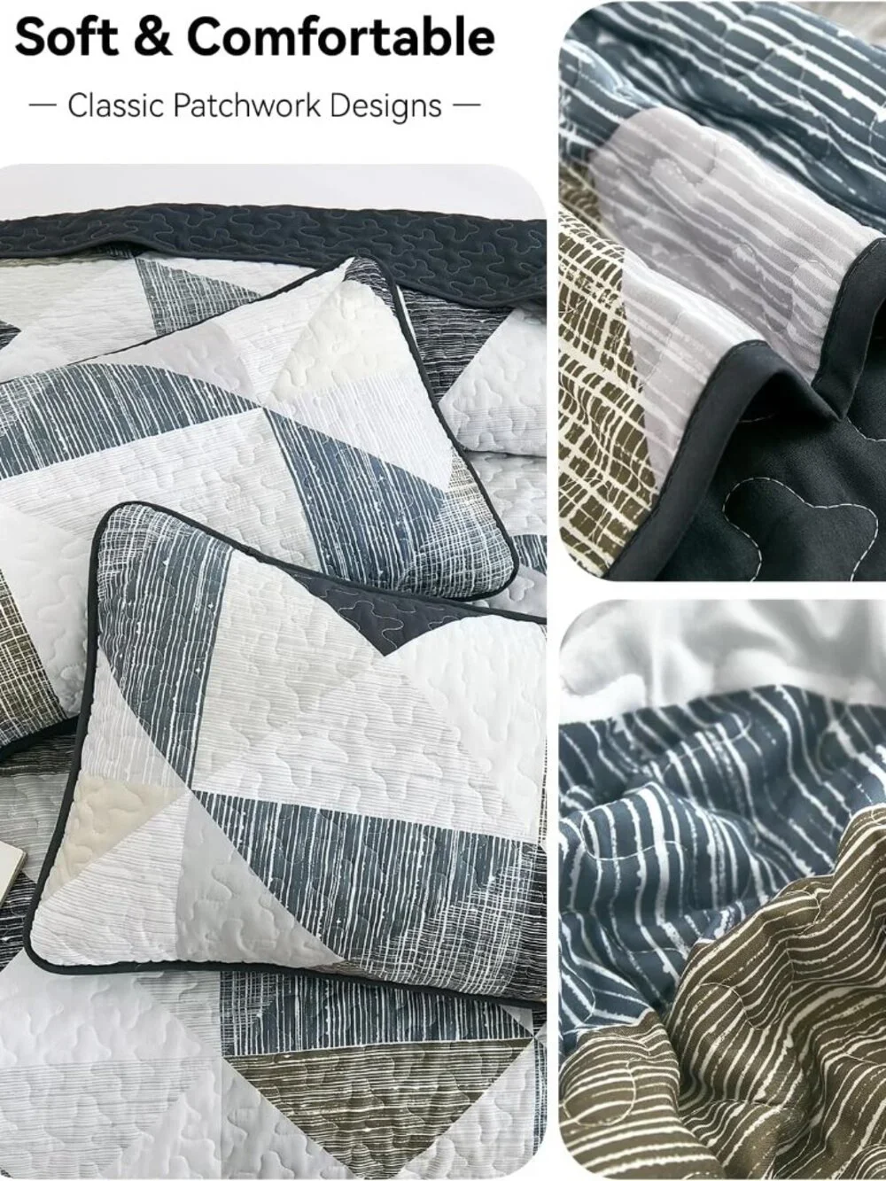 Rustic Grey Blue Geometric 3-Piece Patchwork Quilt Set