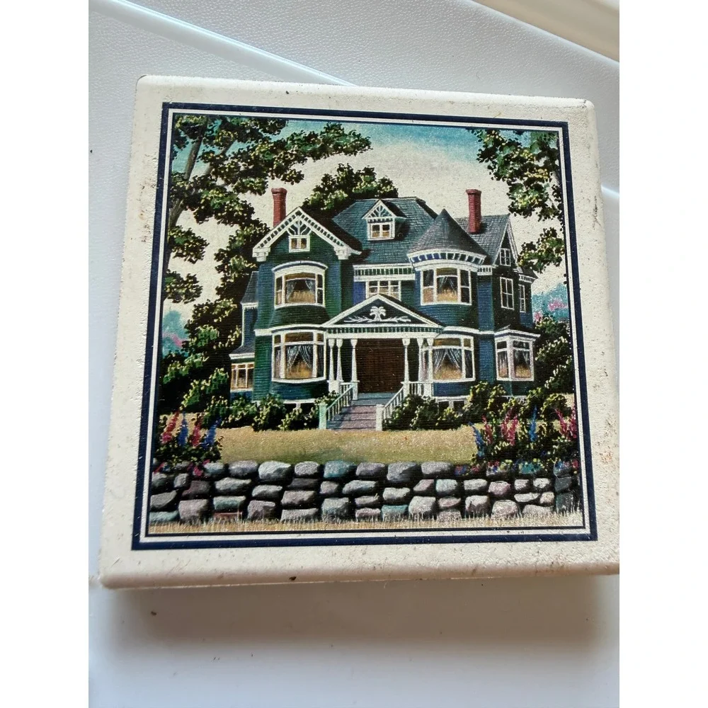 Vintage Victorian House Ceramic Tile‎ Coaster Cork Back Teal Mansion Decor 4x4