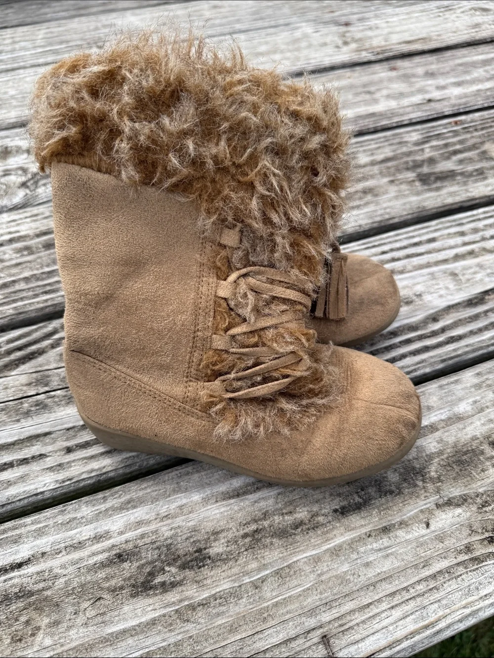 Kids Faux Fur Trim Tan Suede Boots